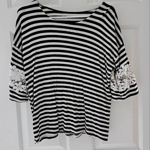 Feminine Striped lace sleeve loose soft babydoll drape blouse